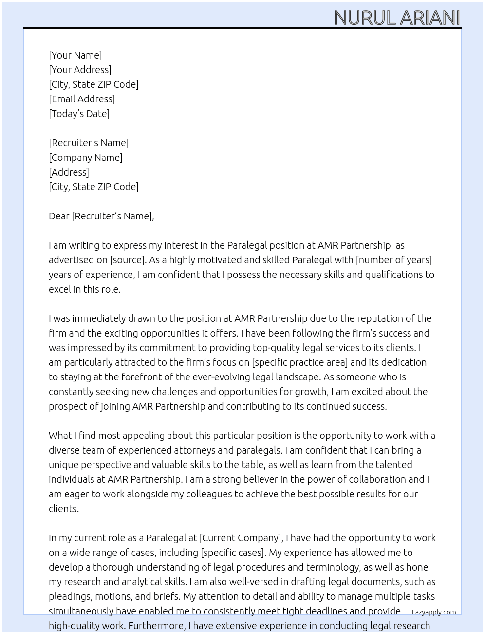 Paralegal At AMR Partnership Cover Letter
