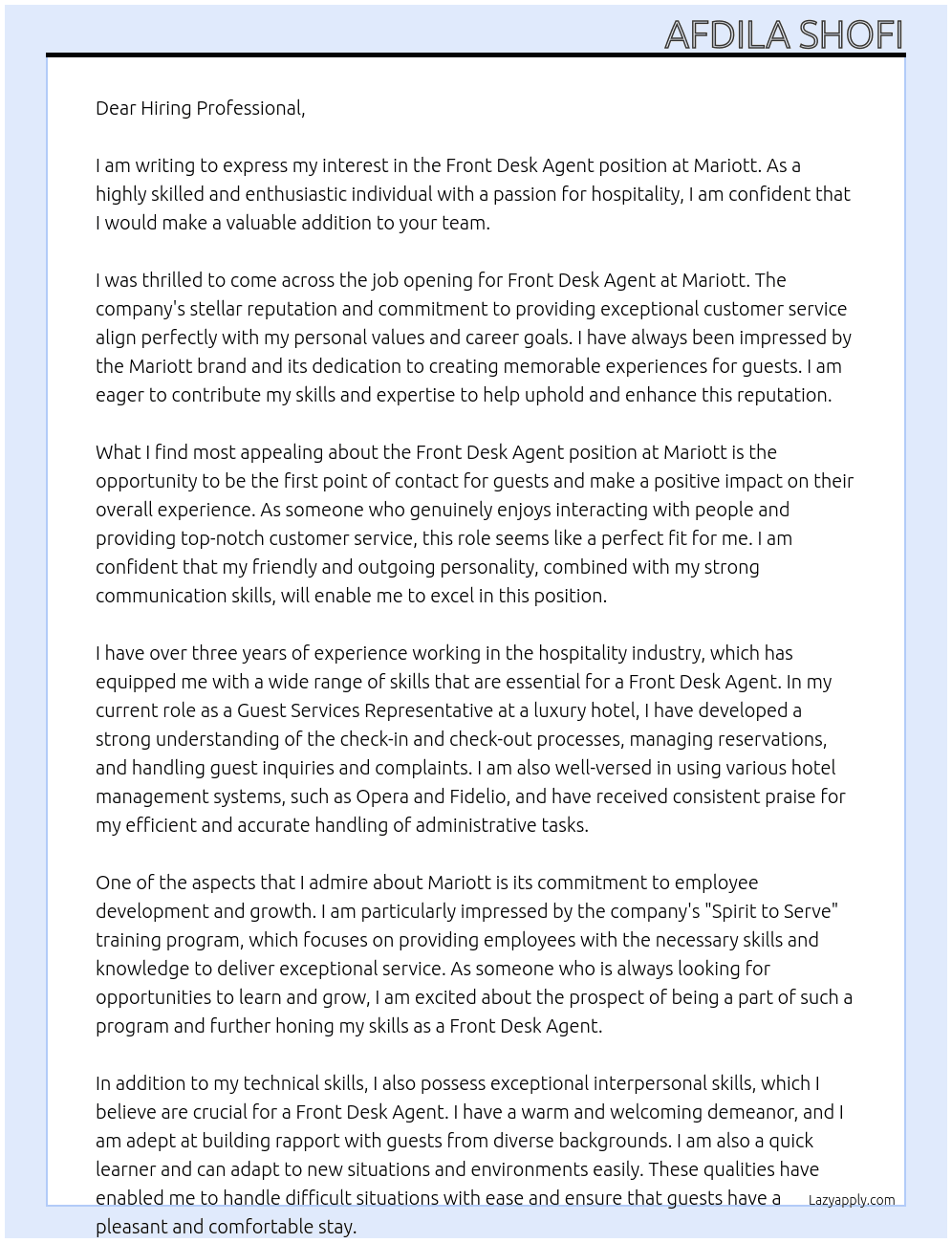 Front Desk Agent At Mariott Cover Letter