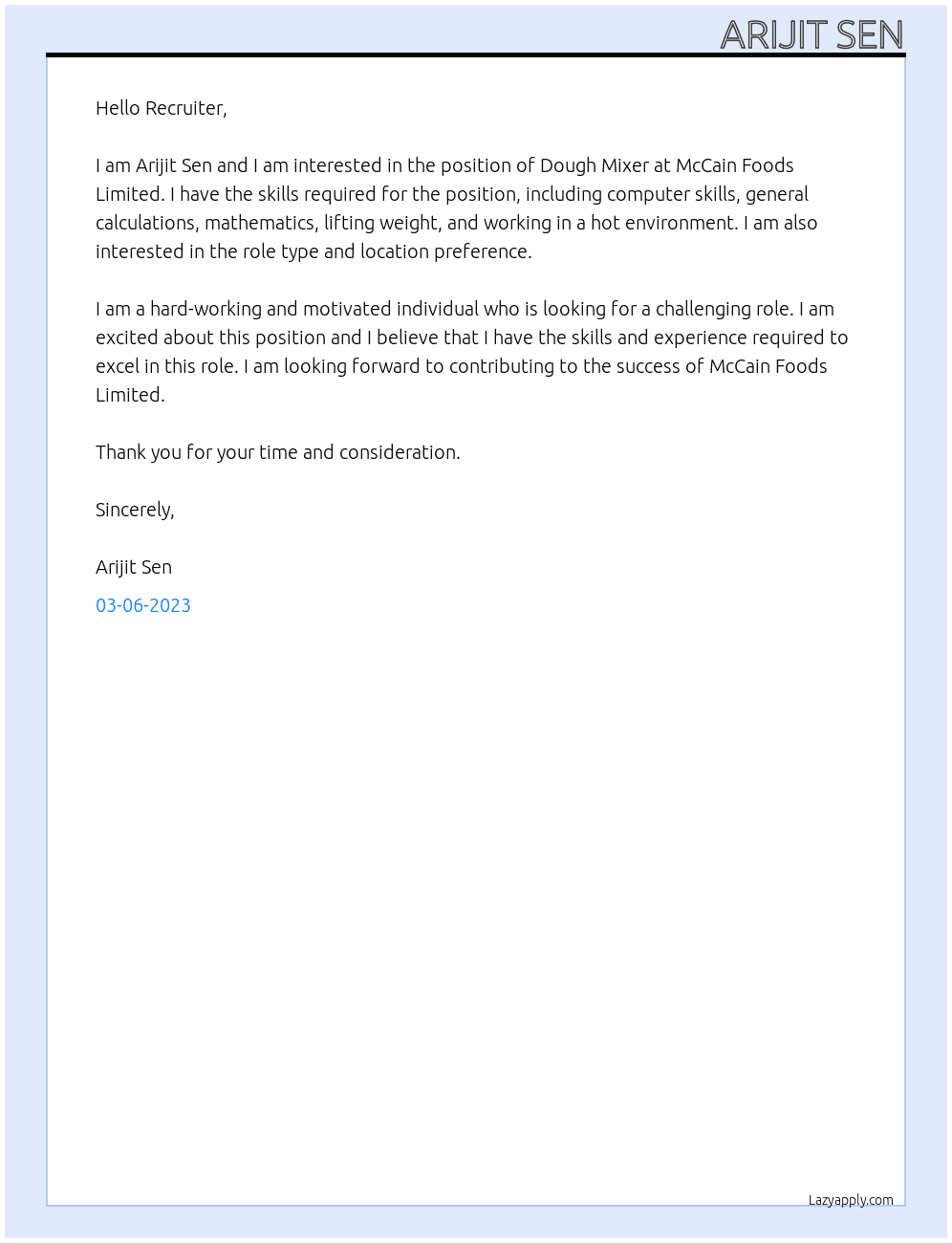Dough Mixer At McCain Foods Limited! Cover Letter
