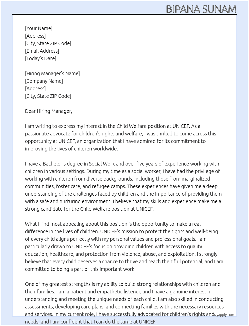 for child welfare At UNICEP Cover Letter