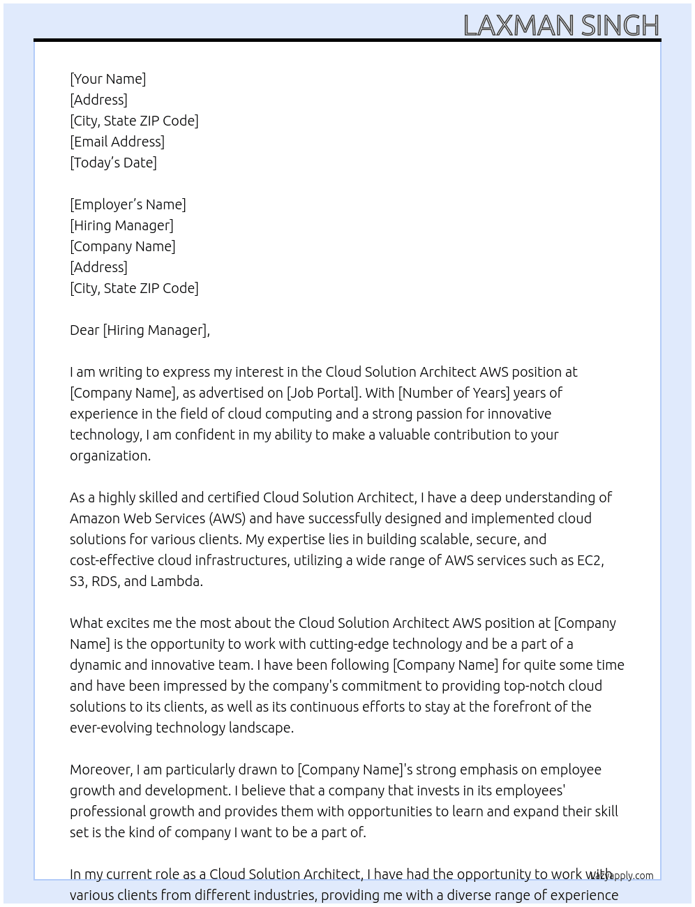 Cloud Solution Architect AWS At  valantic Software Cover Letter