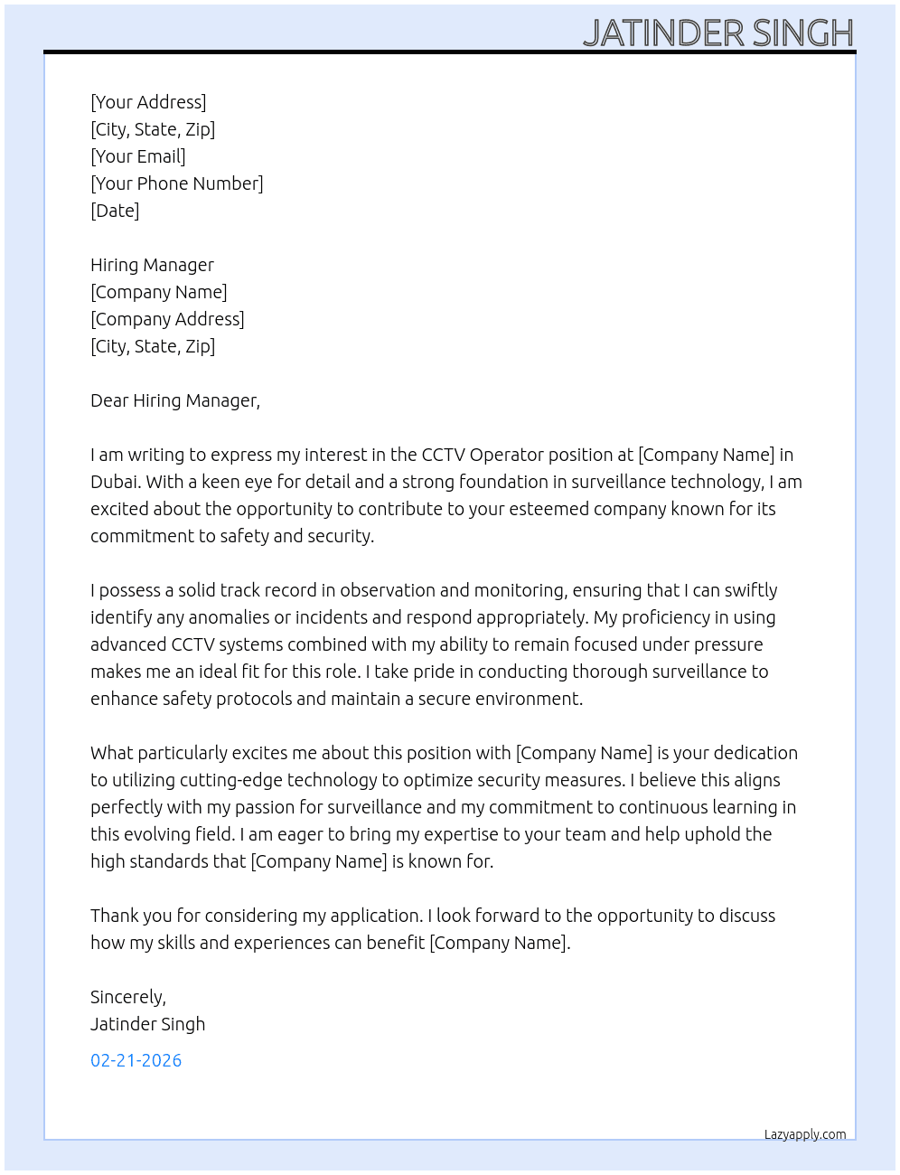 CCTV operator At edit Cover Letter