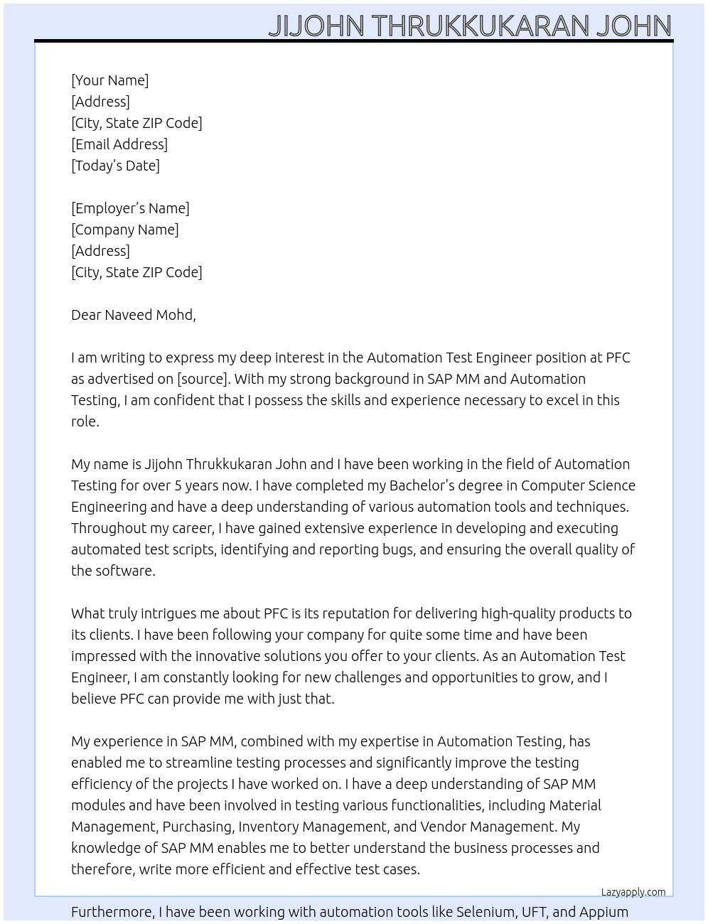 automation test engineer At PFC Cover Letter