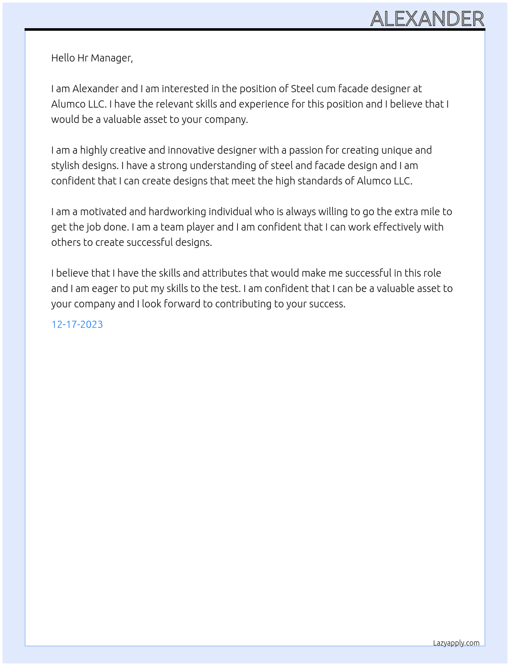 Steel cum facade designer At Alumco LLC Cover Letter