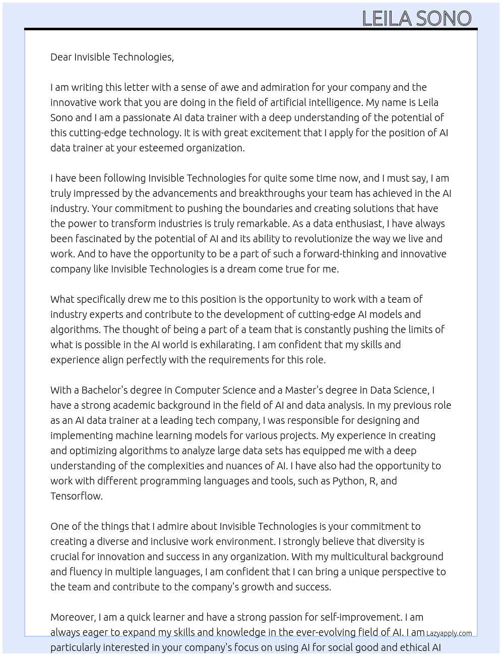 Ai data trainer  At Invisible Technologies  Cover Letter