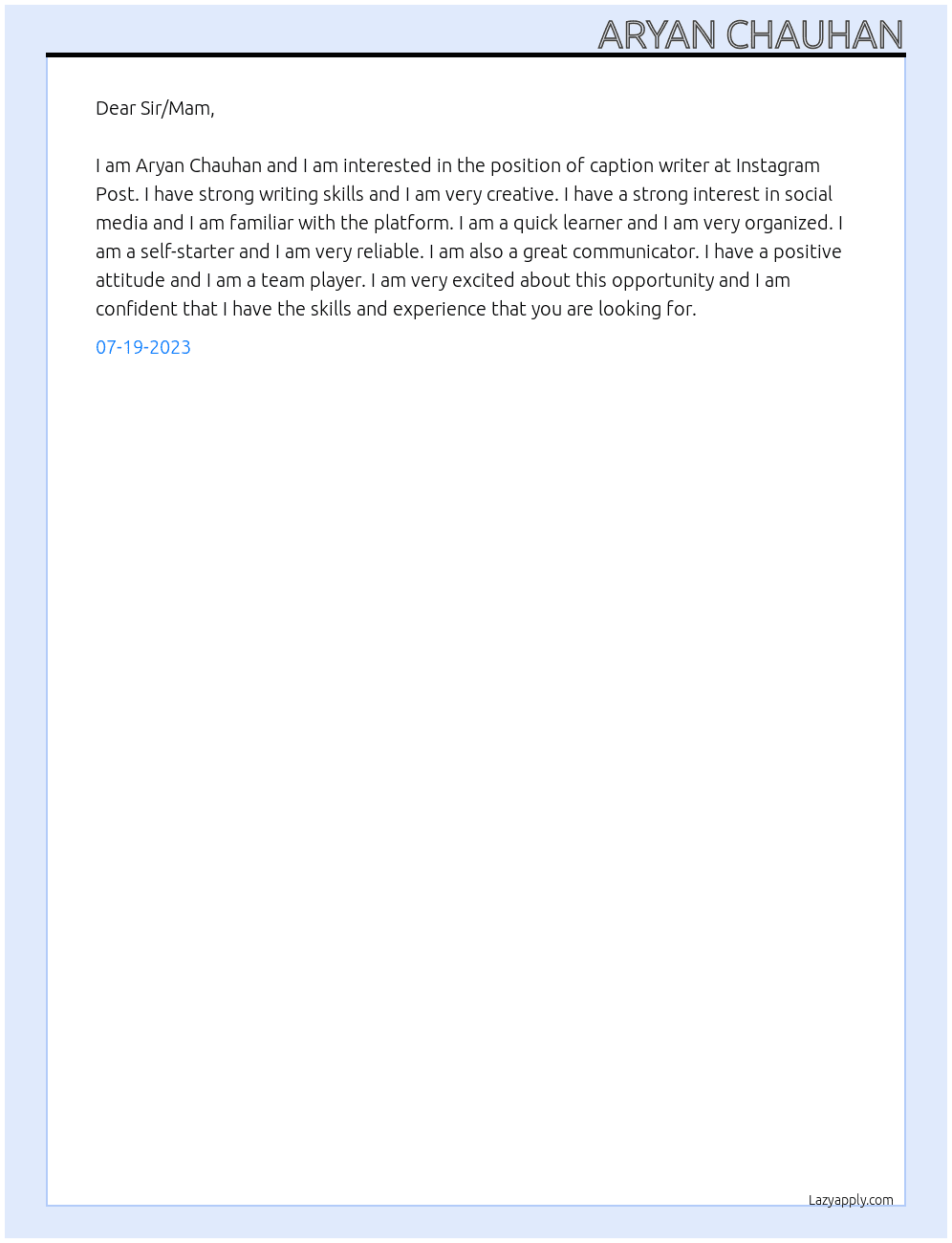 Caption writer At Instagram Post Cover Letter