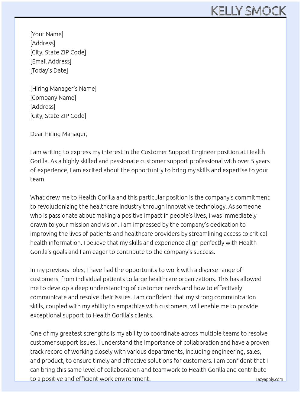 Customer Support Engineer At Health Gorilla Cover Letter