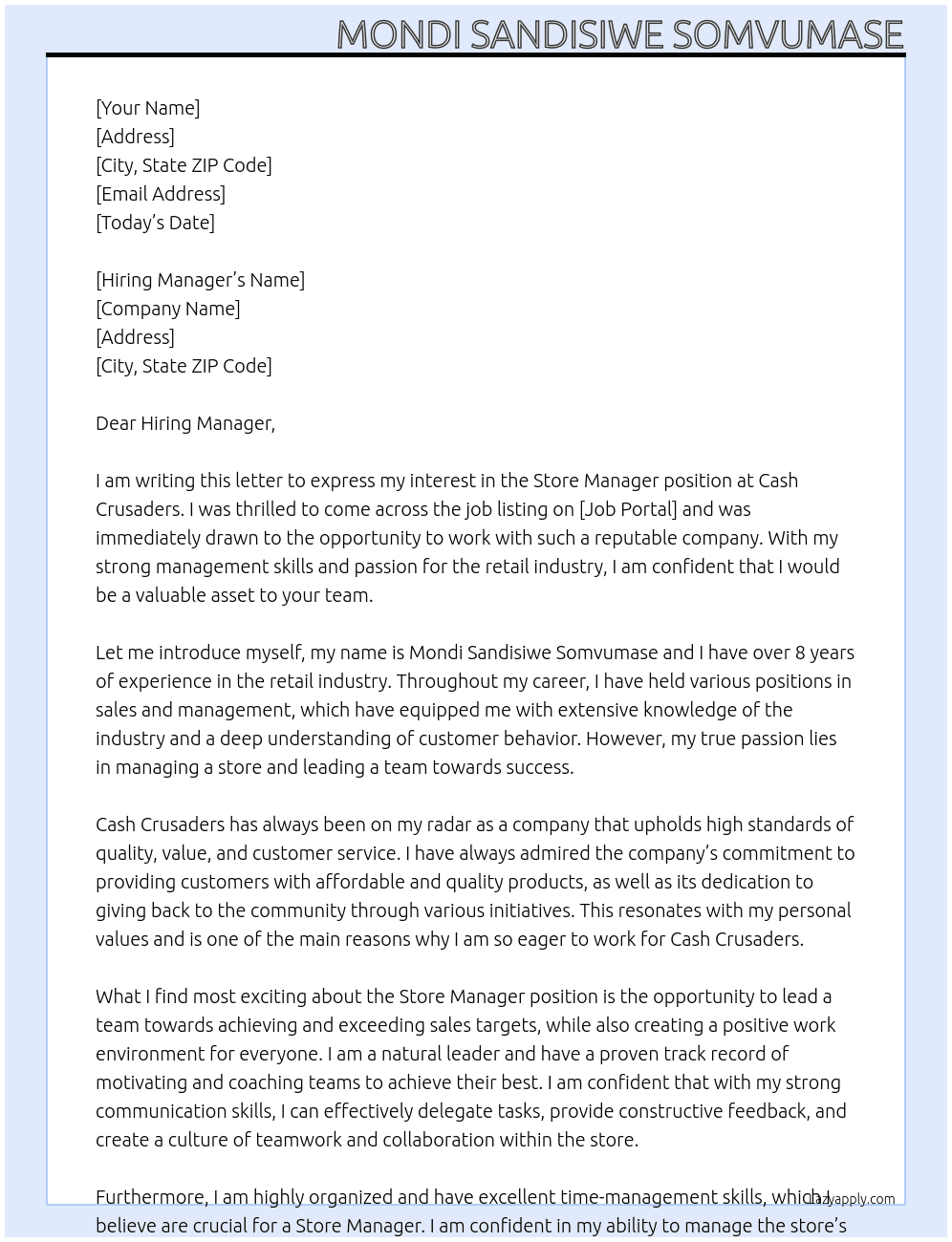 store manager At Cash crusaders Cover Letter