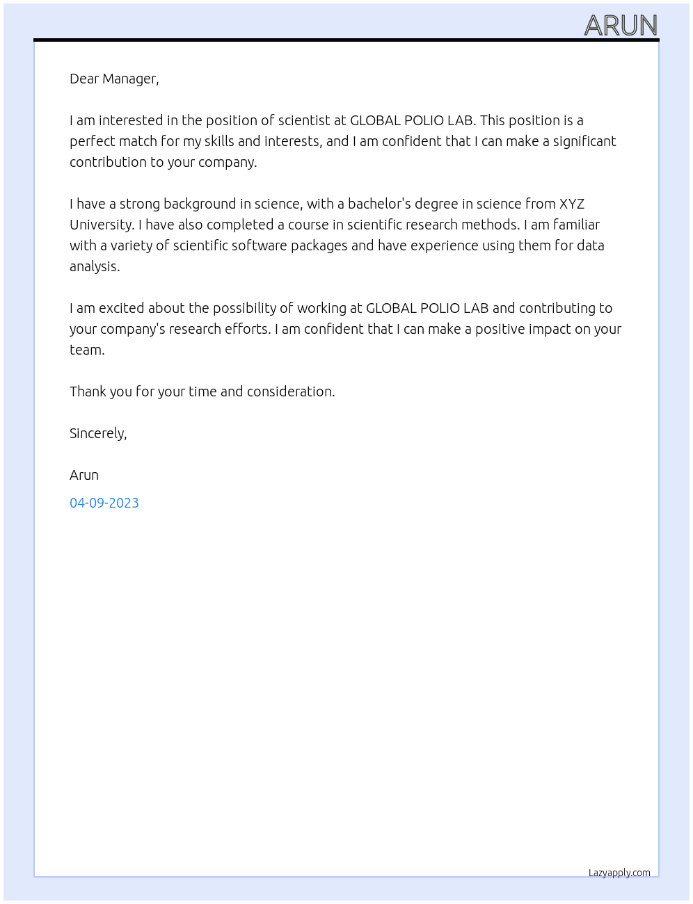 scientist At GLOBAL POLIO LAB Cover Letter