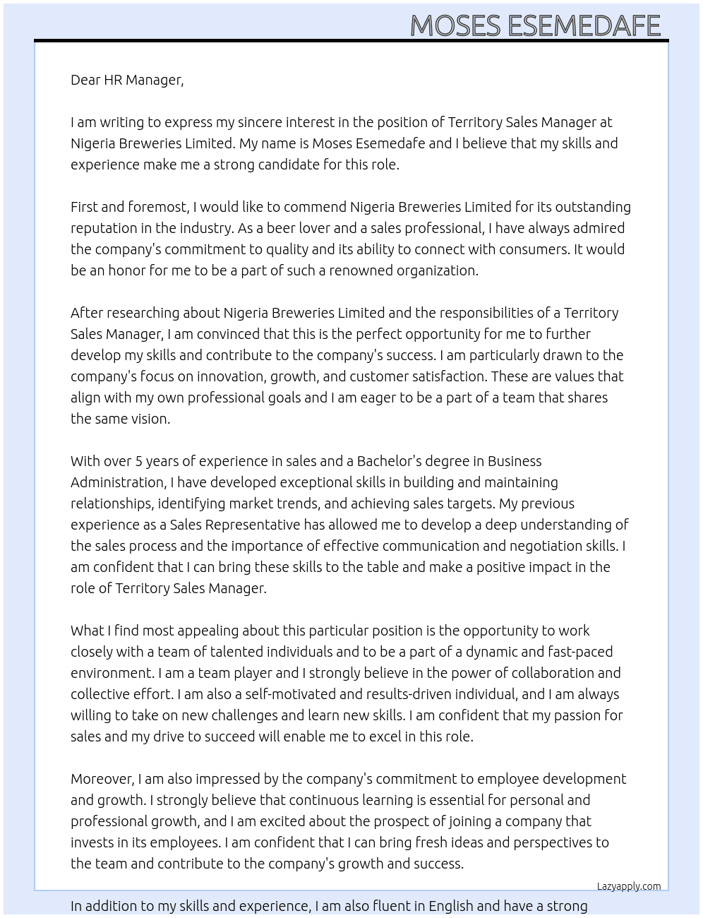 Territory sales manager  At Nigeria breweries limited  Cover Letter