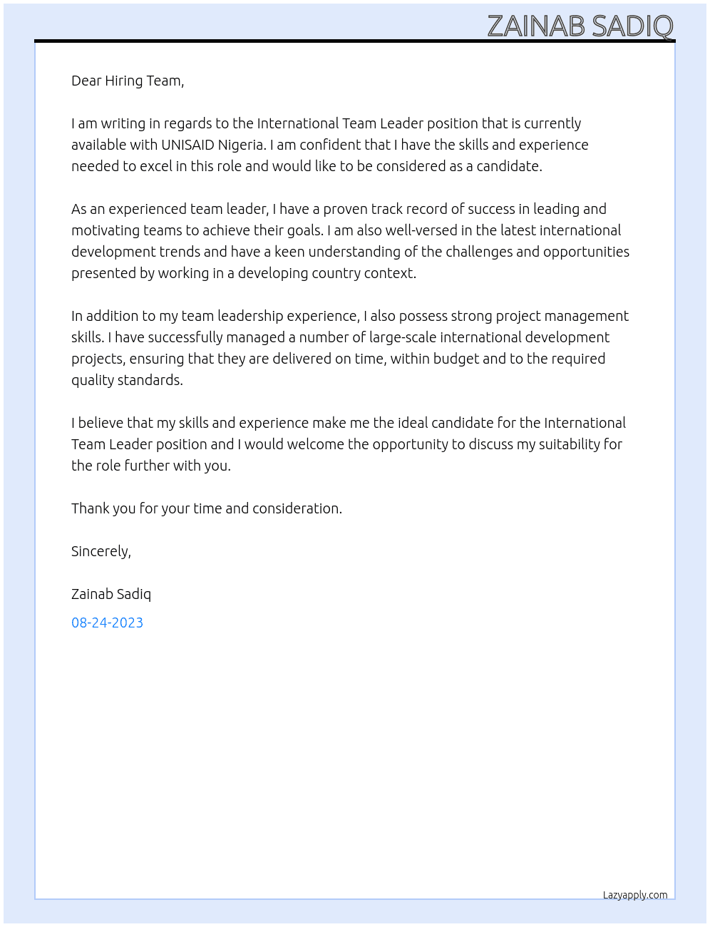 International Team Leader  At UNISAID NIGERIA Cover Letter