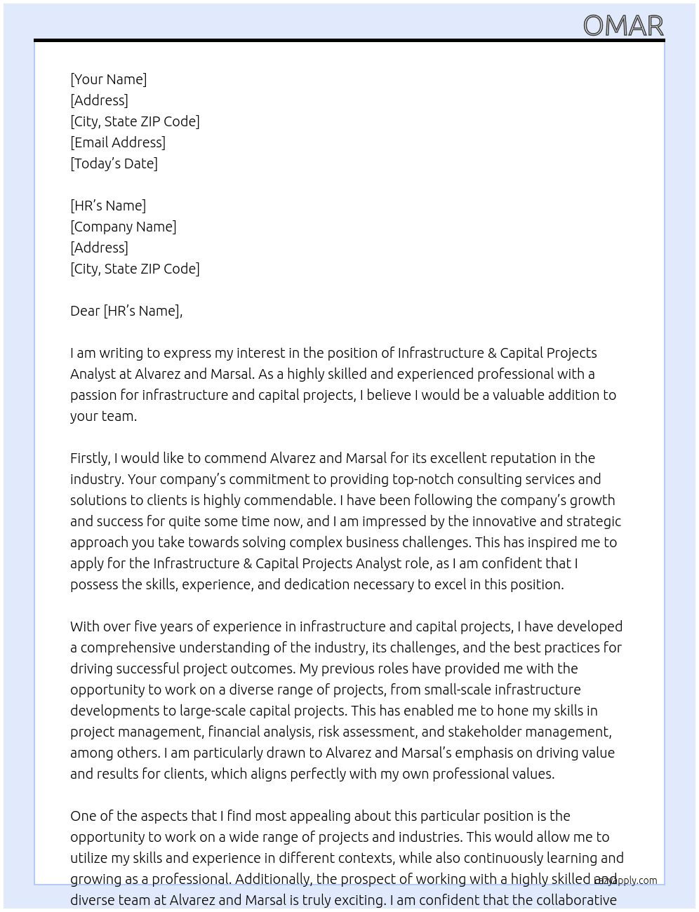 Infrastructure & Capital Projects Analyst At Alvarez and marsal Cover Letter