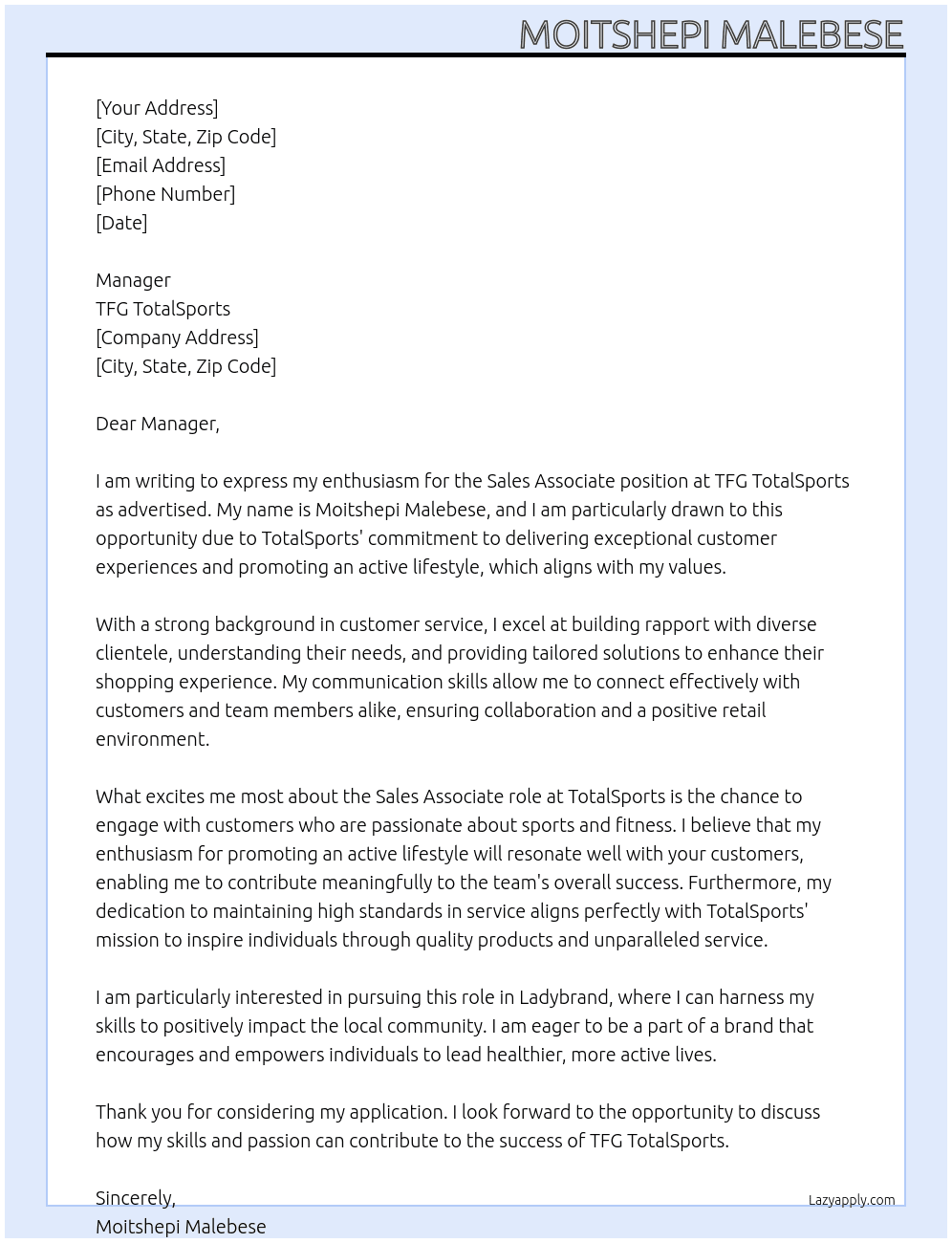 Sales Associate At TFG TotalSports  Cover Letter