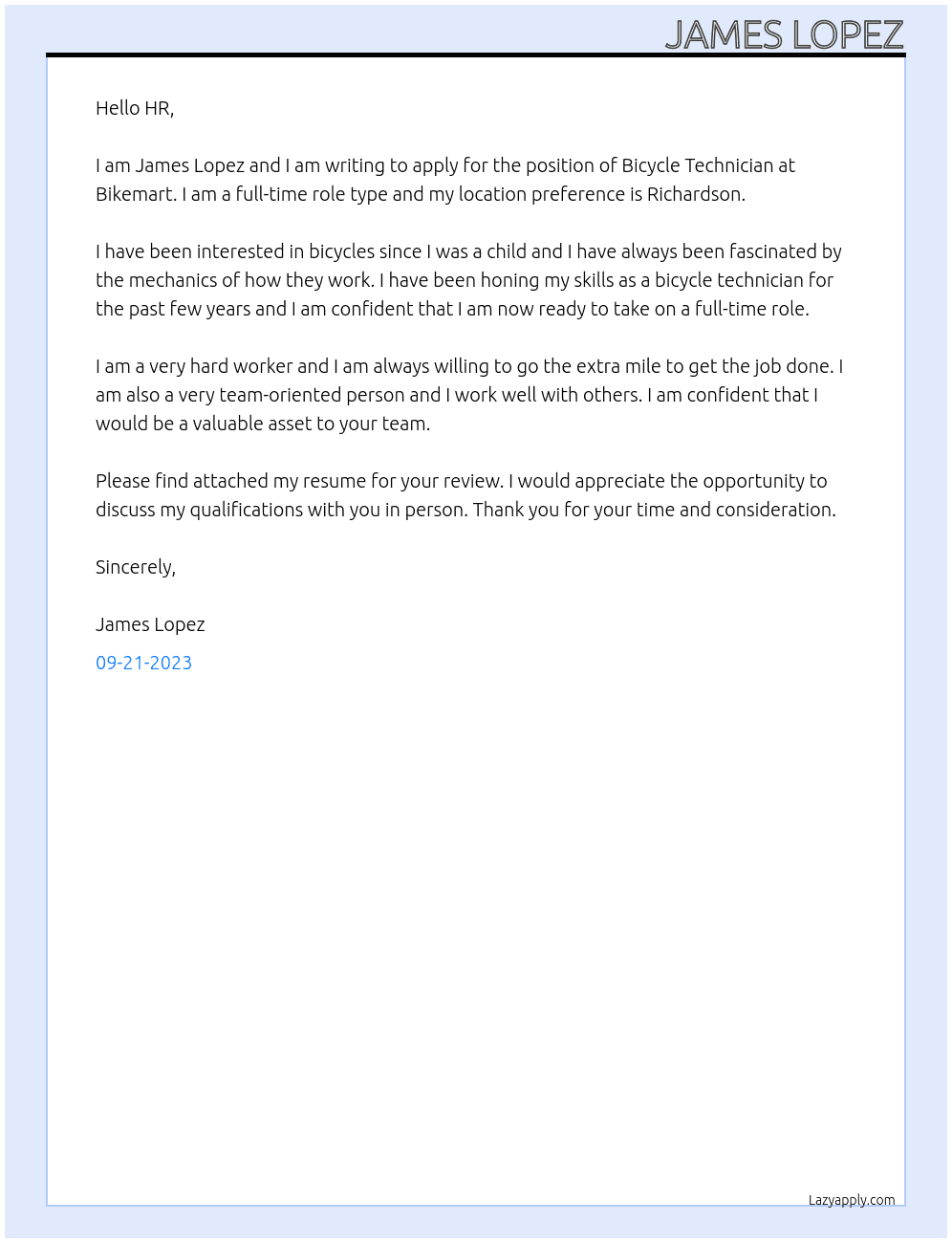Bicycle Technician  At Bikemart  Cover Letter