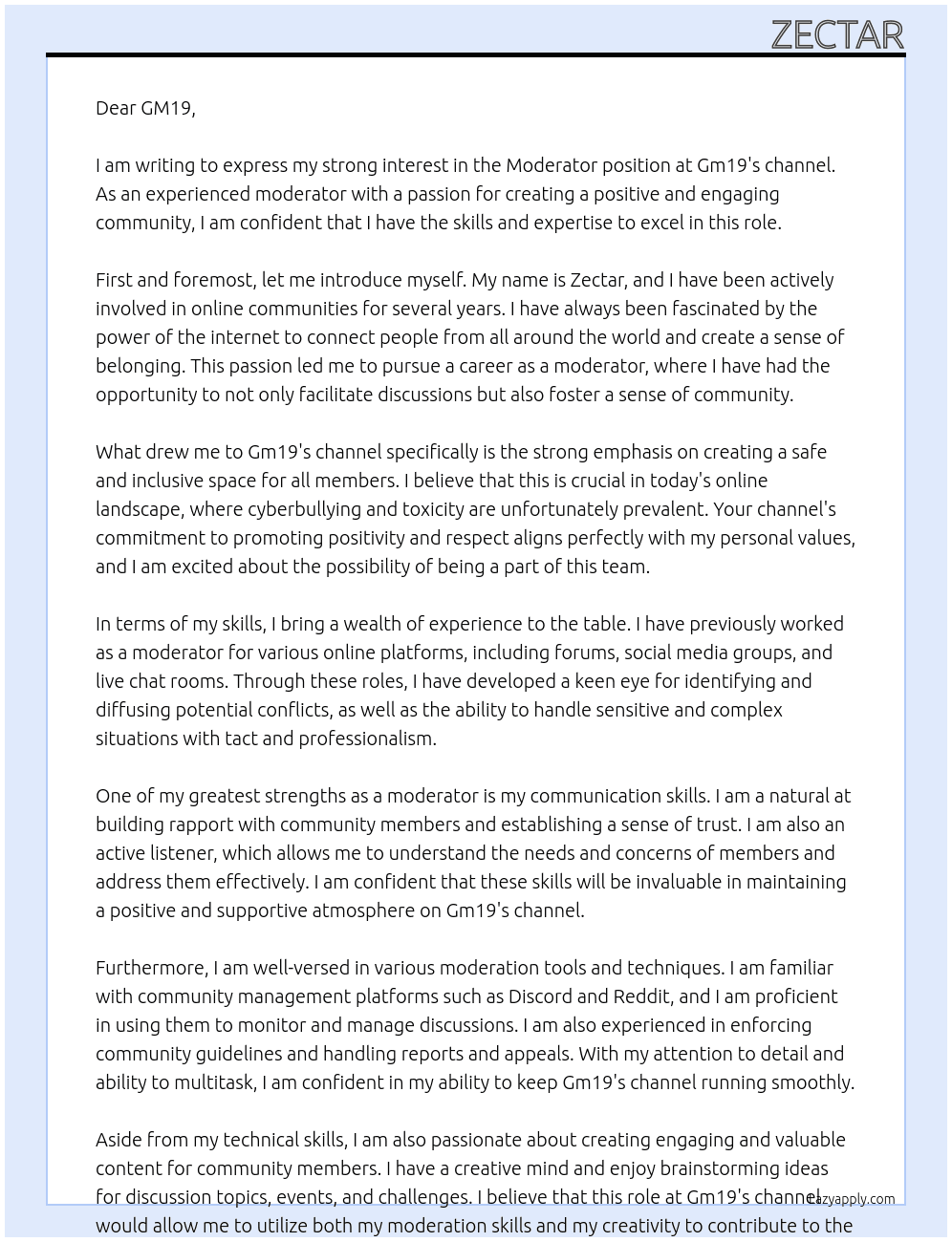 Moderator At Gm19's channel Cover Letter