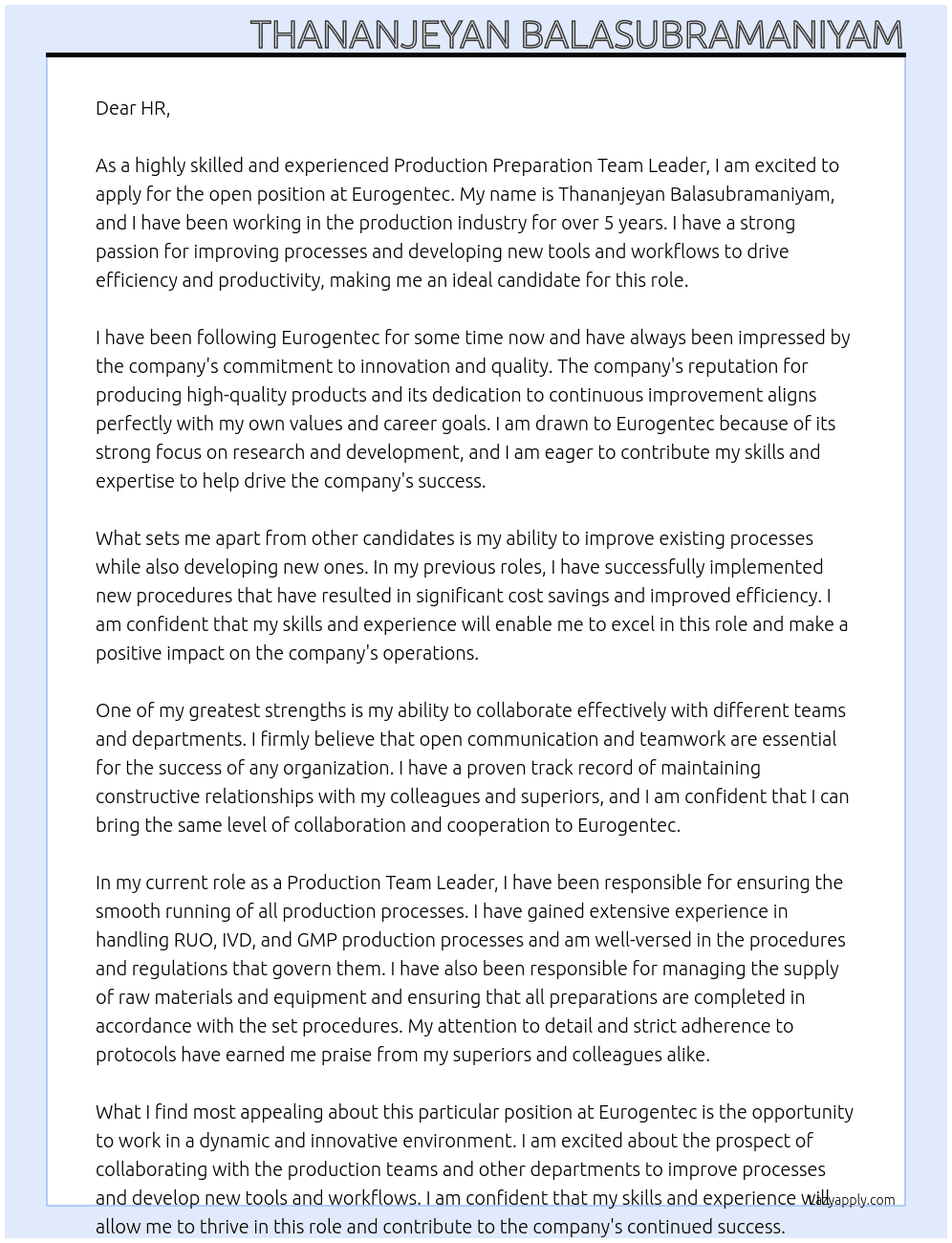 Production Preparation Team leader  At Eurogentec  Cover Letter