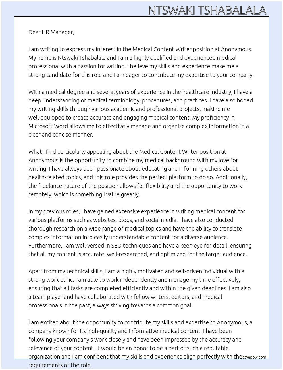 Cover letter for medical content writer - LazyApply