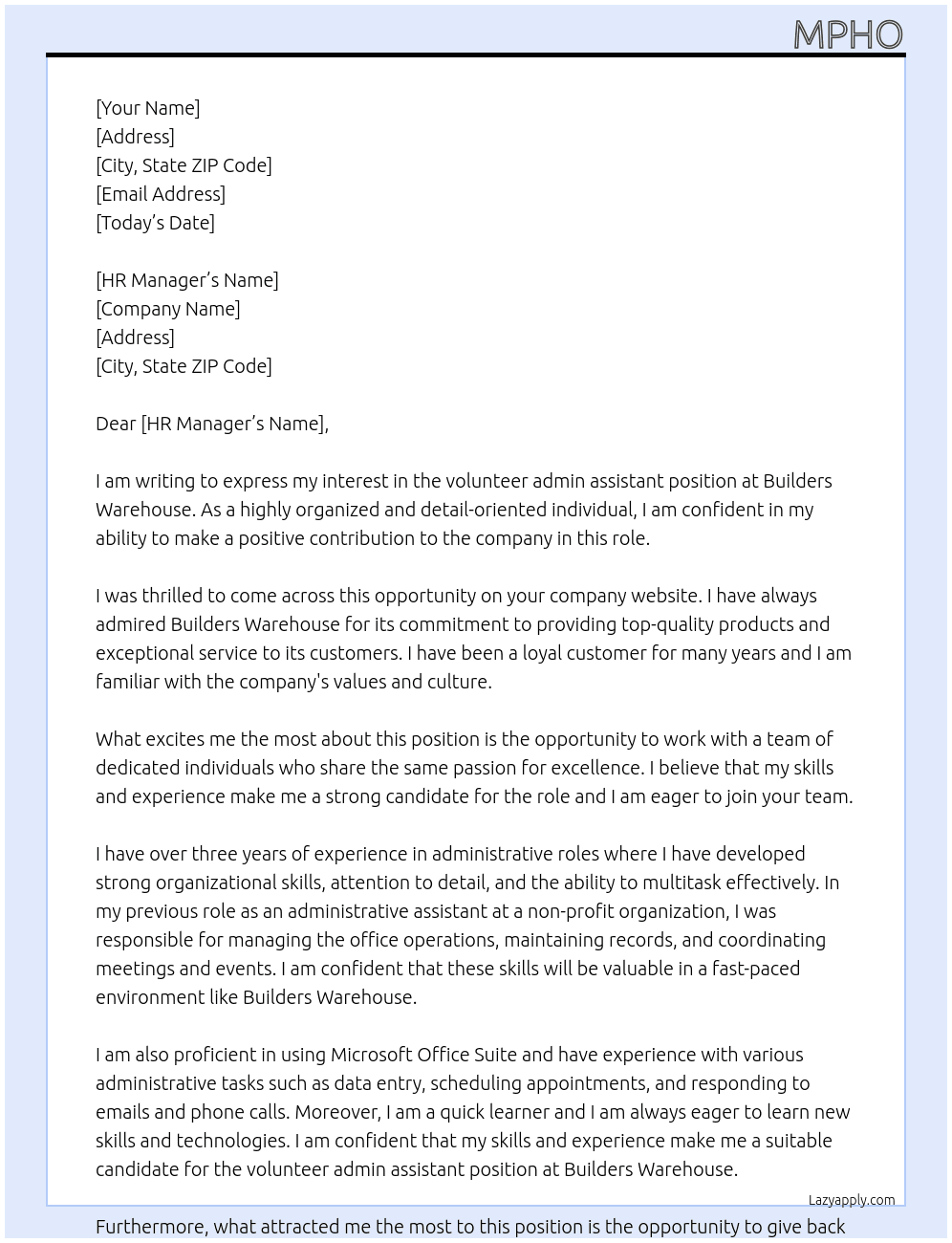 volunteer admin assistant At builders warehouse Cover Letter