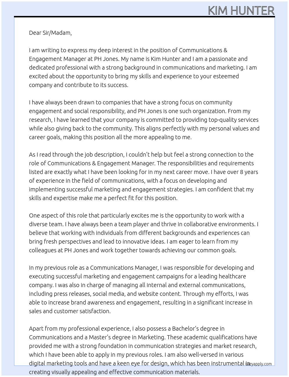 Communications & Engagement Manager At PH Jones Cover Letter