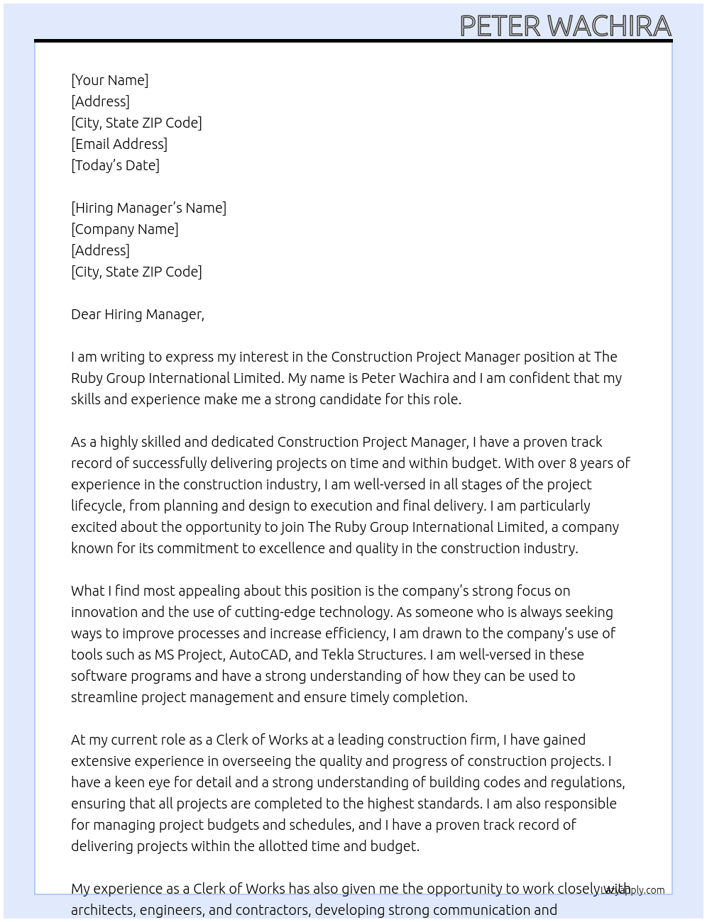 CONSTRUCTION PROJECT MANAGER At THE RUBY GROUP INTERNATIONAL LIMITED Cover Letter