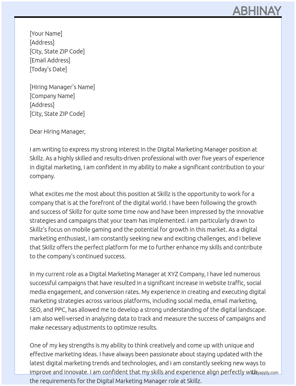 Digital marketing manager At Skillz Cover Letter