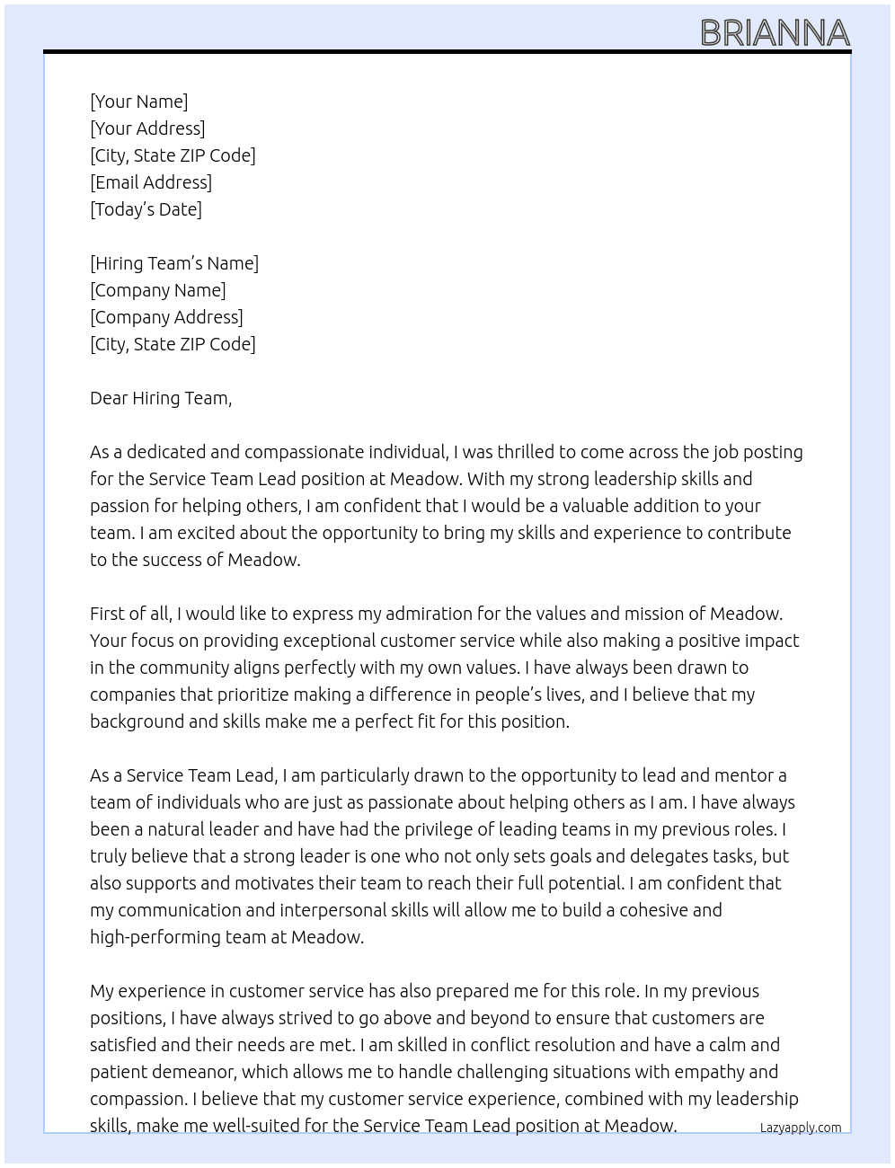service team lead At meadow Cover Letter