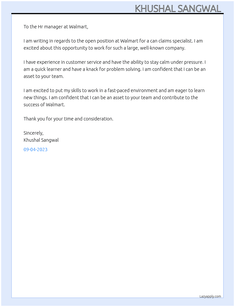 Walmart can claims At Wallmart Cover Letter