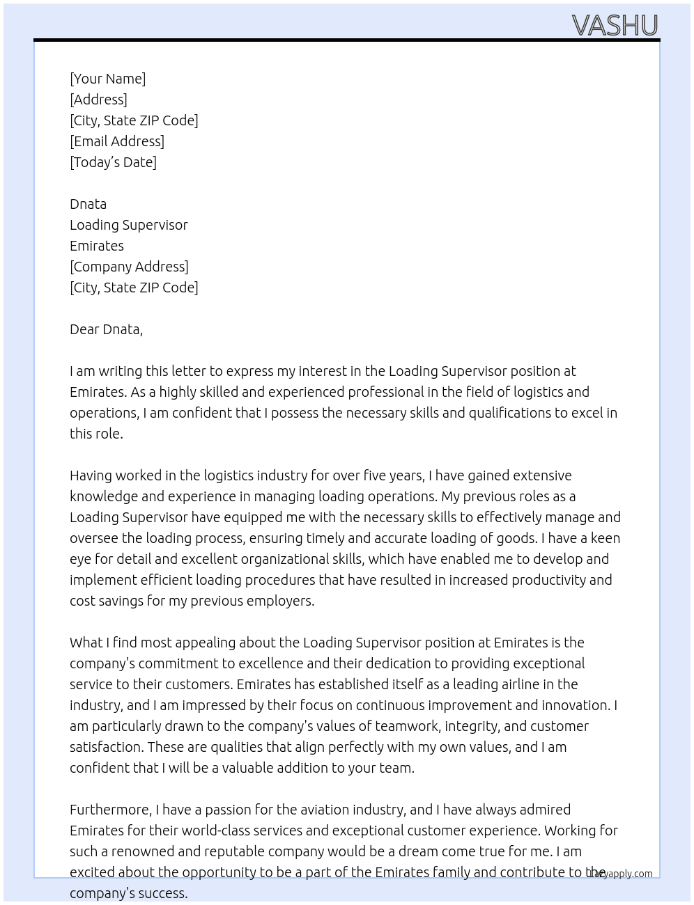 Loading supervisor  At Emirates  Cover Letter