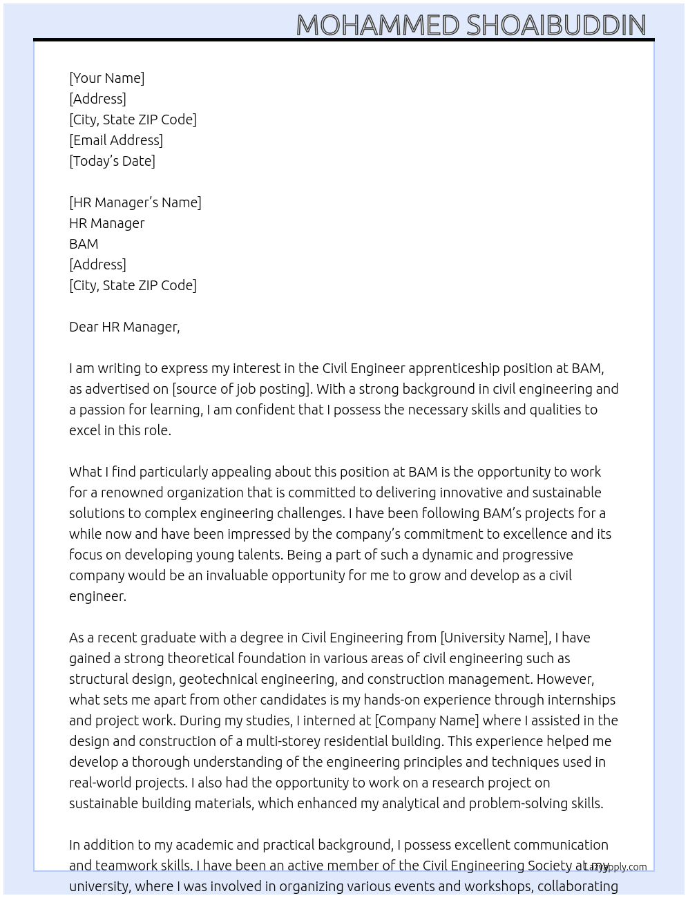 Civil Engineer apprenticeship At BAM Cover Letter