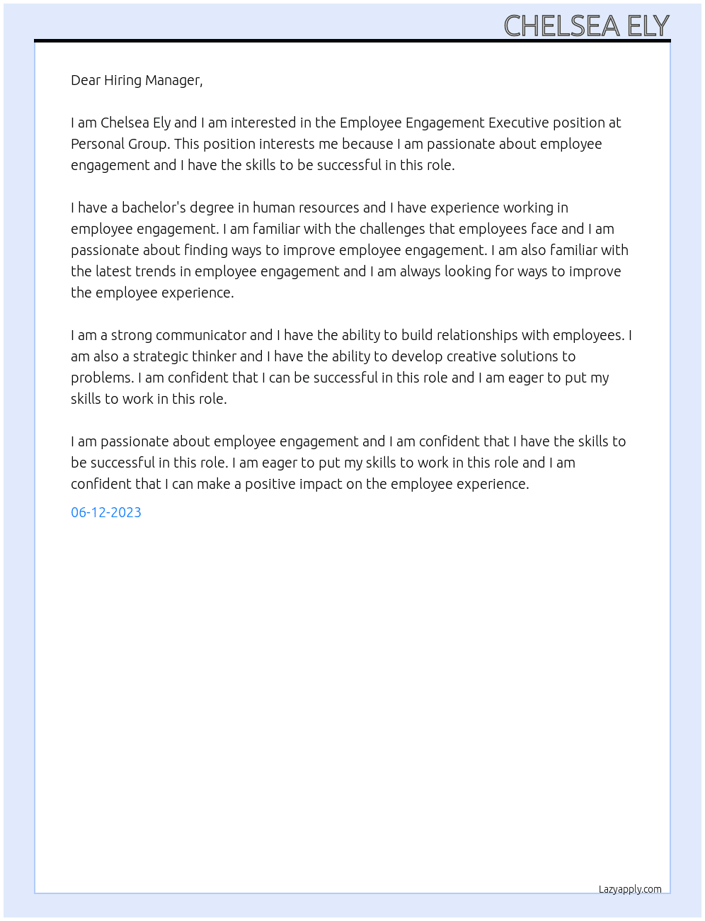 Employee Engagement Executive  At Personal group  Cover Letter