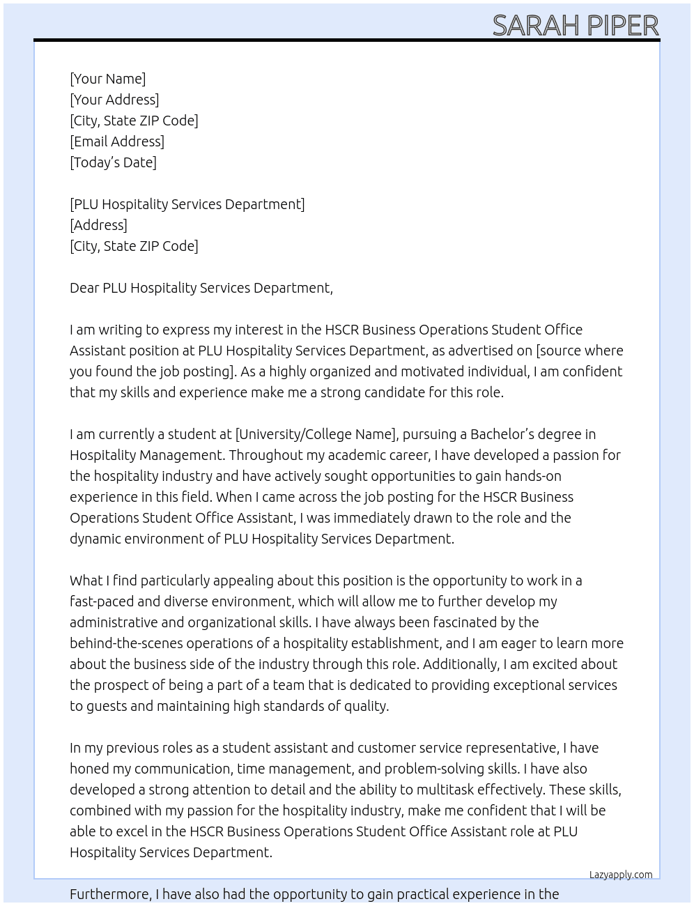 HSCR Business Operations Student Office Assistant At PLU Hospitality Services Department Cover Letter