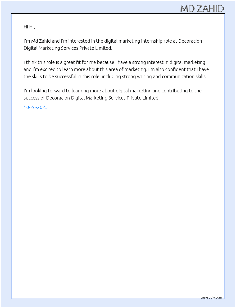 Digital marketing  At Decoracion Digital Marketing Services Private Limited Cover Letter