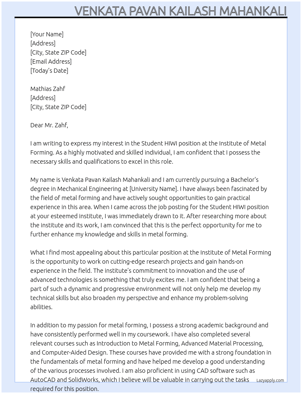 student hiwi At institute of Metal forming Cover Letter