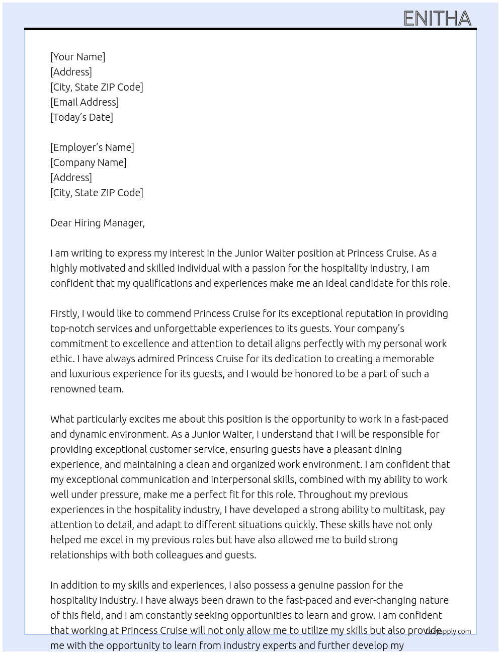 junior waiter At princess cruise  Cover Letter
