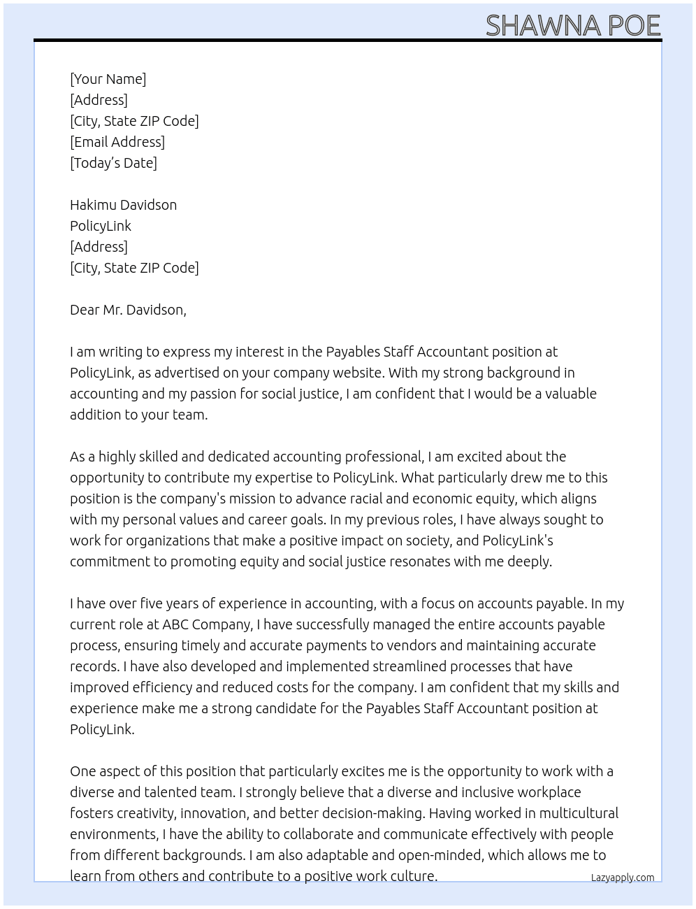 Payables Staff Accountant At PolicyLink Cover Letter