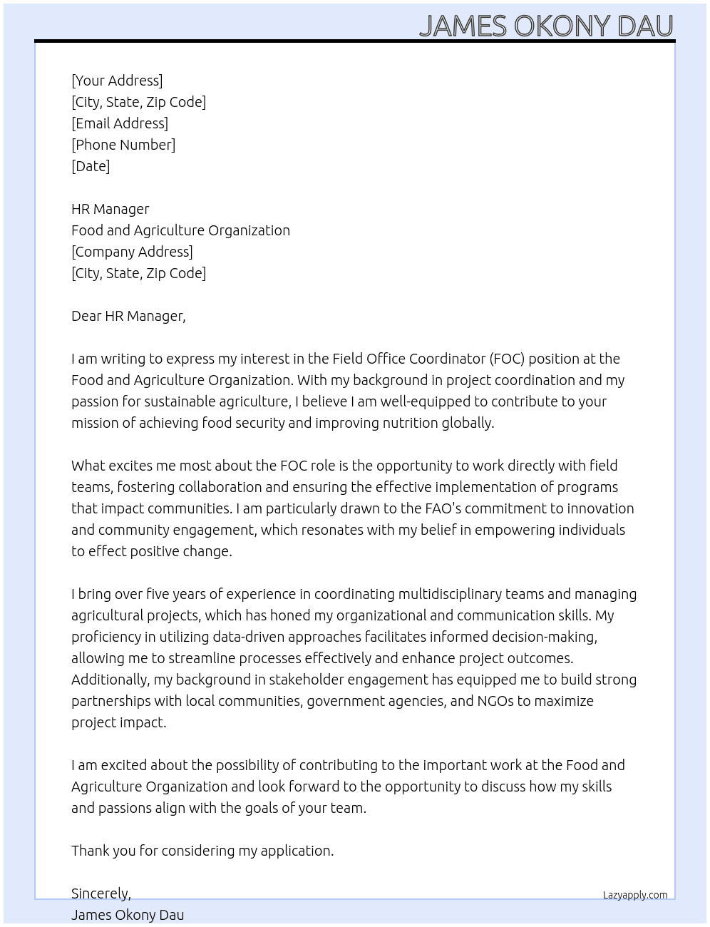 Field Office Coordinator (FOC) At Food and Agriculture Organization Cover Letter
