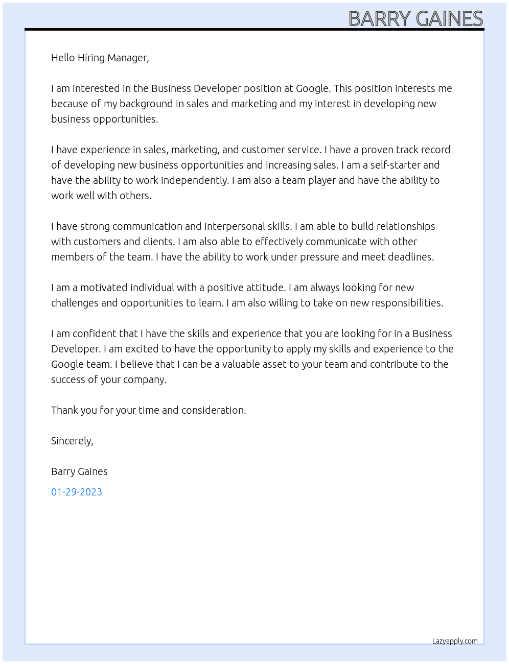 Business developer At Google Cover Letter