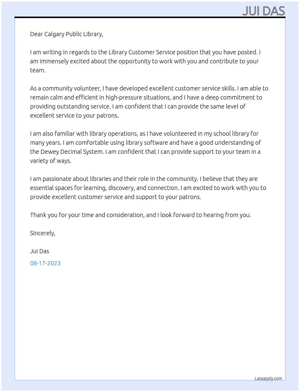 Library Customer Service At Calgary Public Library Cover Letter