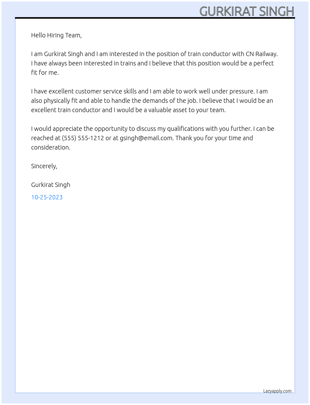 train conductor At cn railway Cover Letter