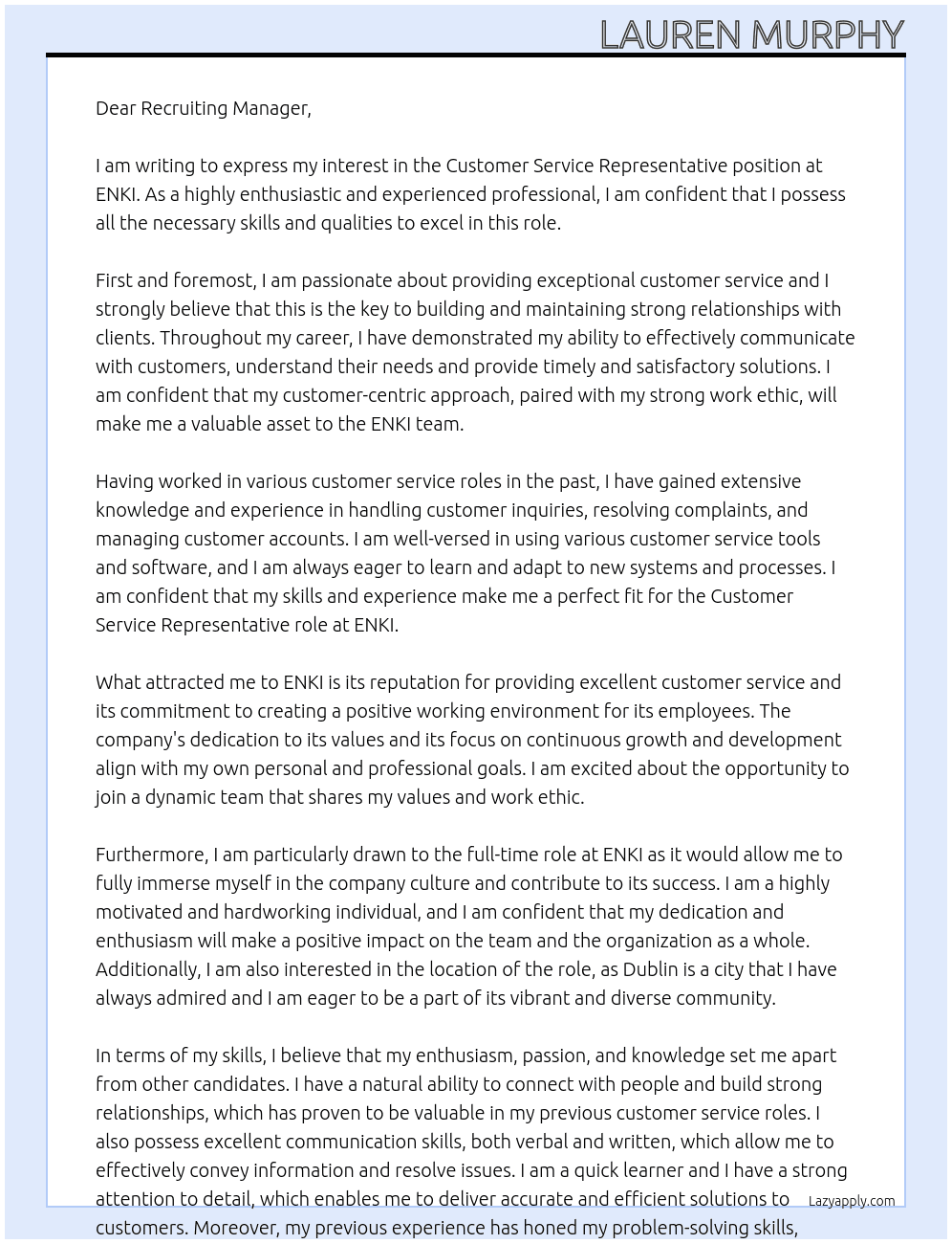 Customer service representative  At ENKI Cover Letter