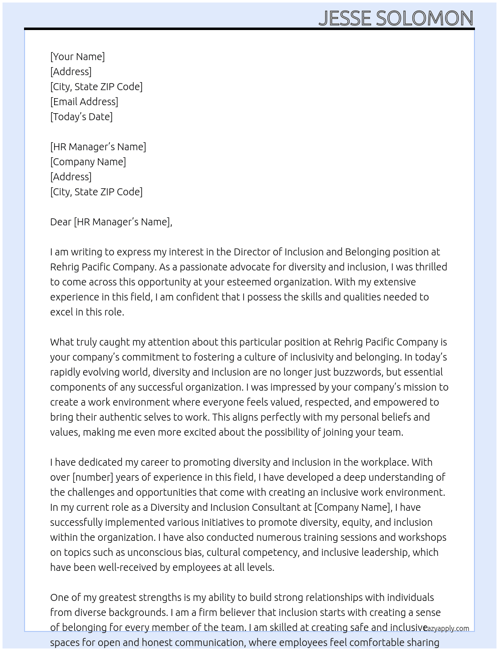 Director of inclusion and belonging At Rehrig Pacific company  Cover Letter