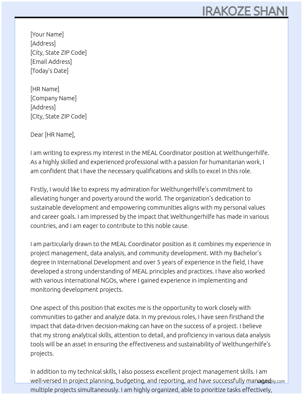 MEAL cordinator At Welthungerhilfe Cover Letter