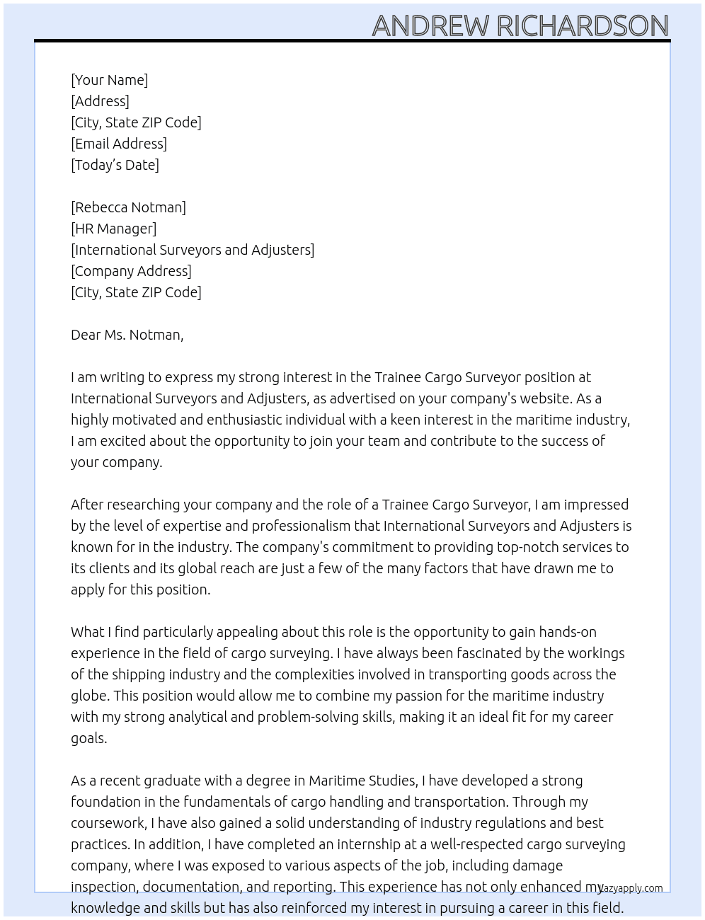 Cover letter for trainee cargo surveyor - LazyApply