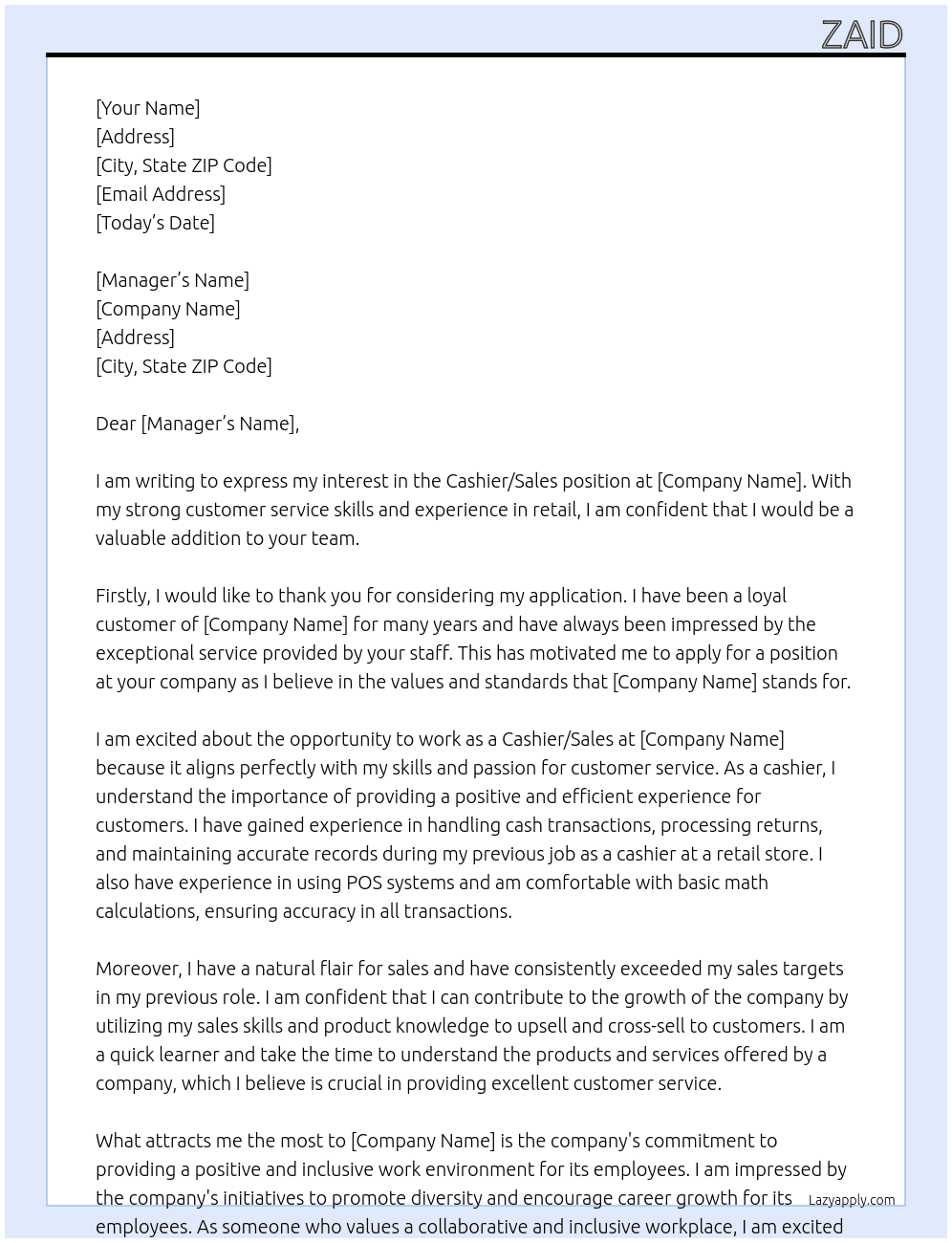 Cashier/sales At as a cashier Cover Letter