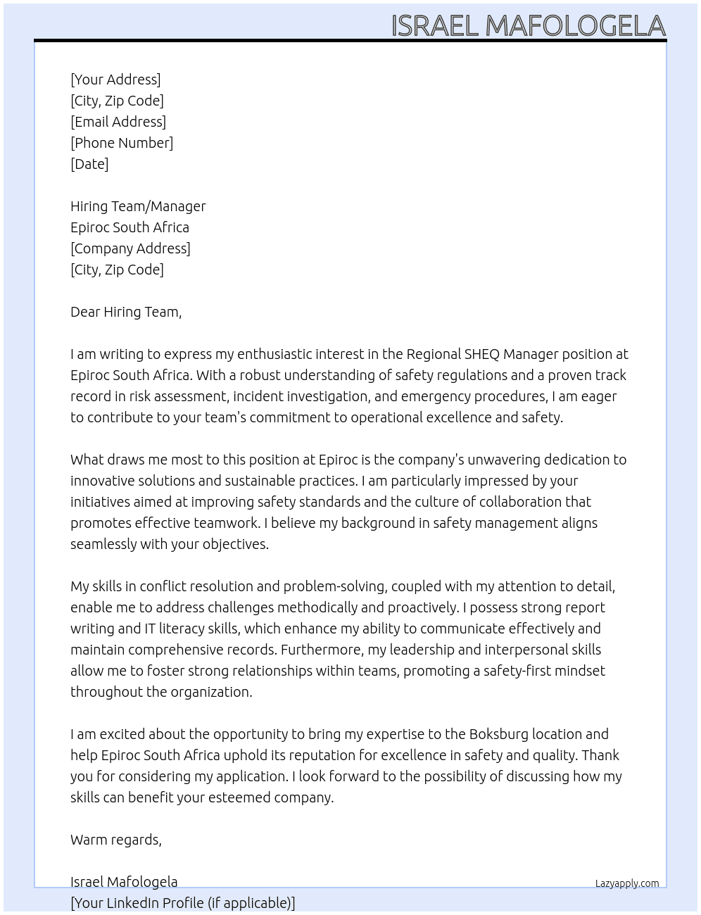 Reginal SHEQ Manager At Epiroc South Africa Cover Letter