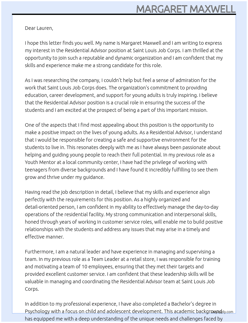 Residential Advisor At Saint Louis Job Corps Cover Letter