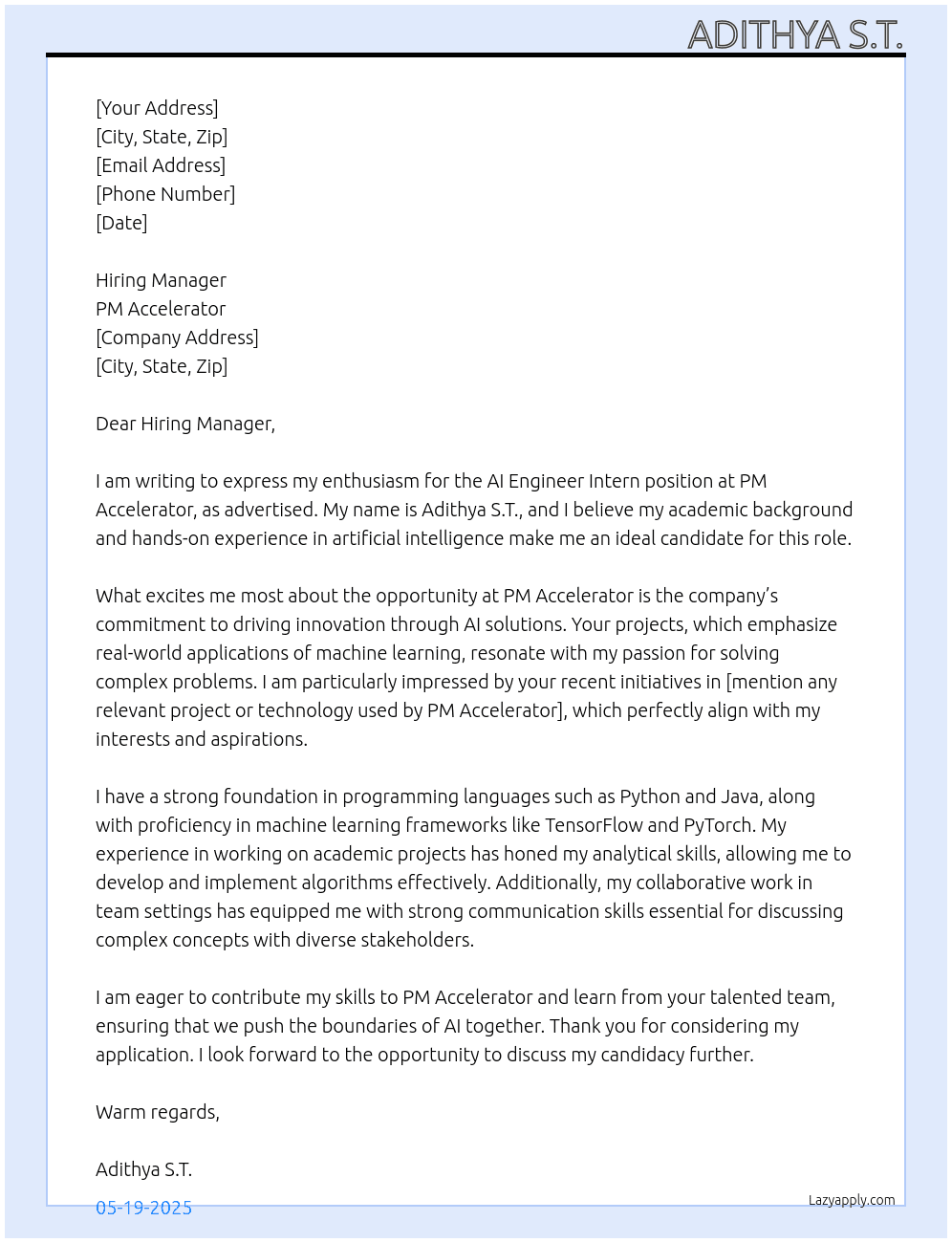 AI Engineer Intern At PM Accelerator Cover Letter