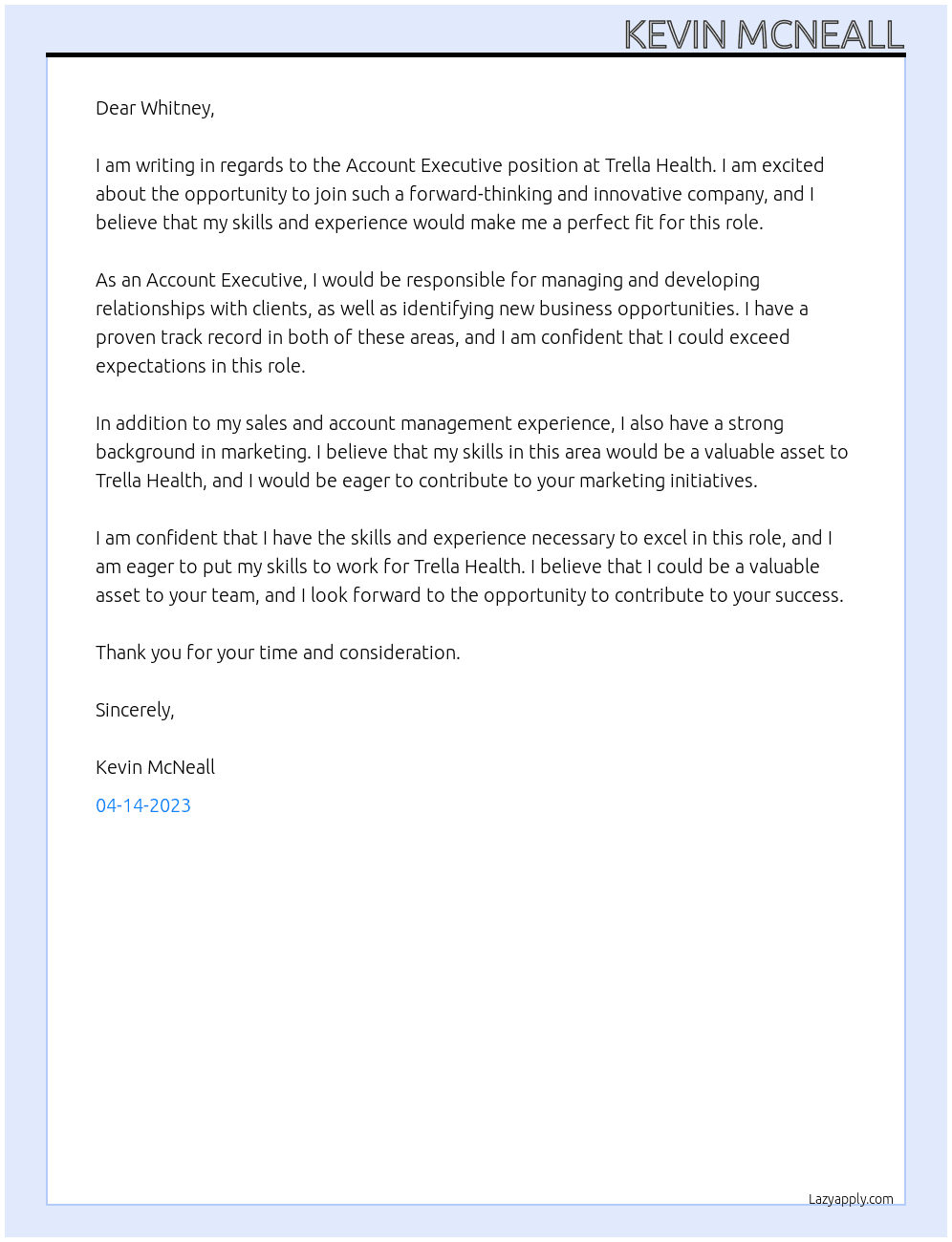 Account Executive At Trella Health Cover Letter