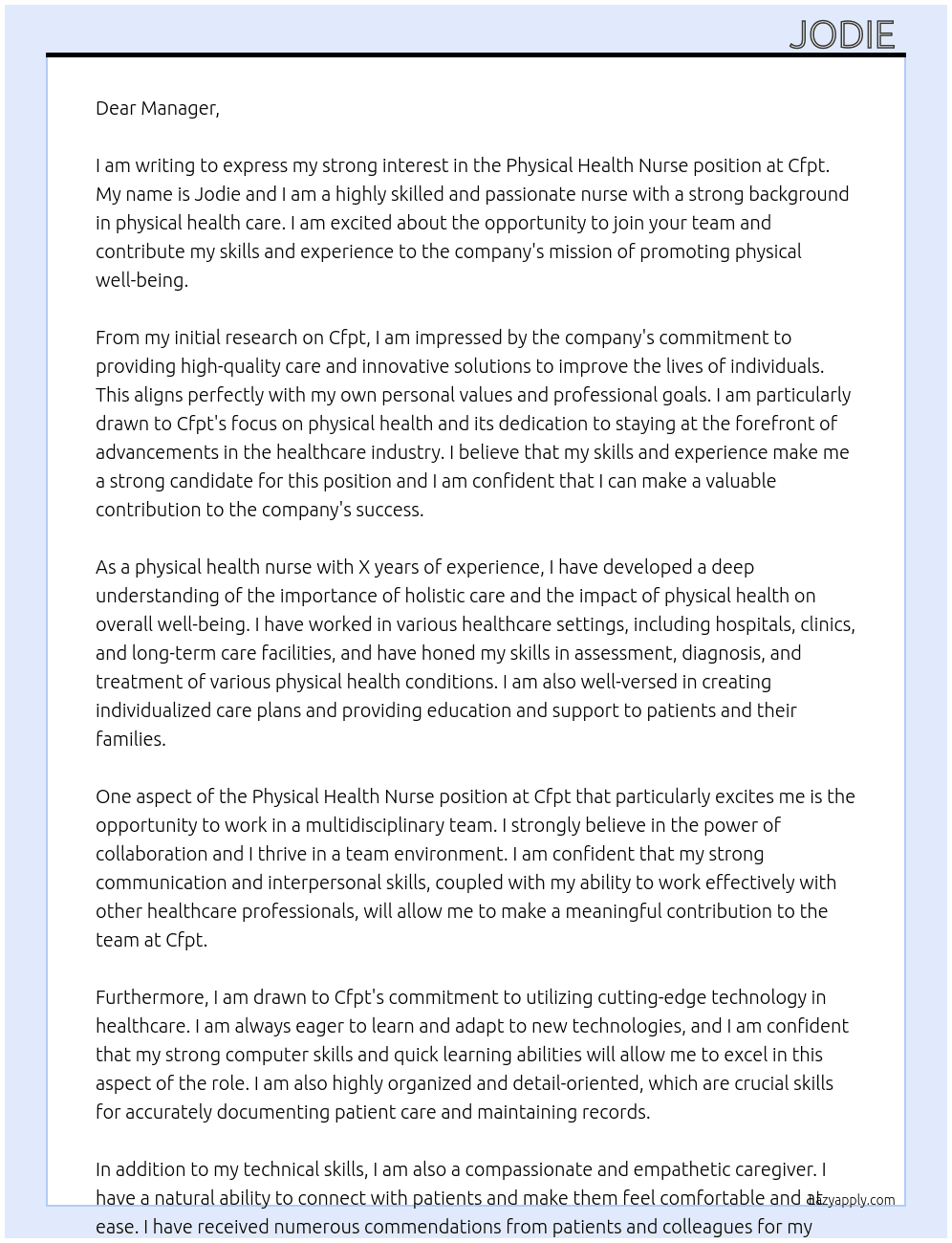 Physical health nurse  At Cfpt Cover Letter