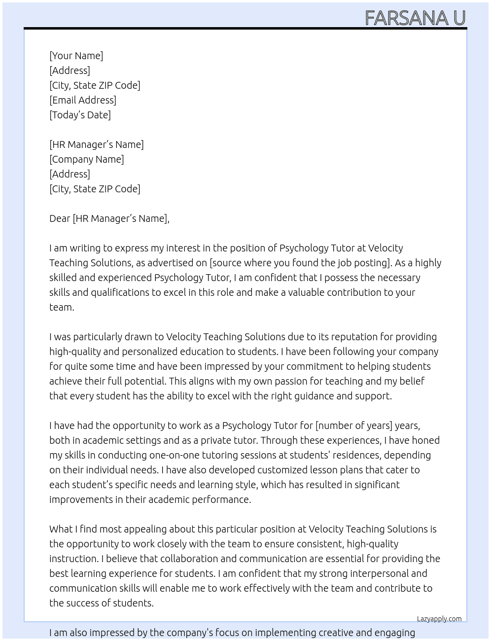 Psychology tutor At Velocity Teaching Solutions Cover Letter